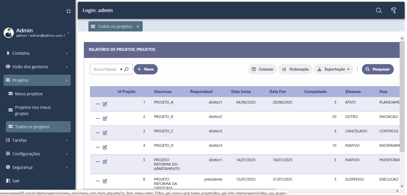 Grid com todos os projetos