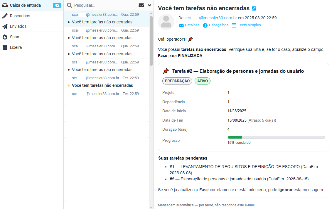 Aviso de tarefa no email